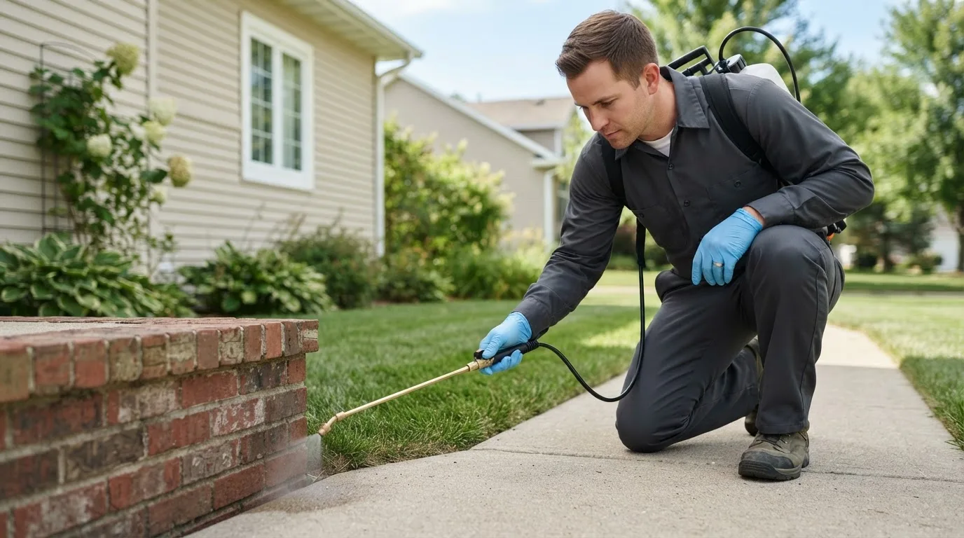 Pest control technician treating a home near Standish, ME
